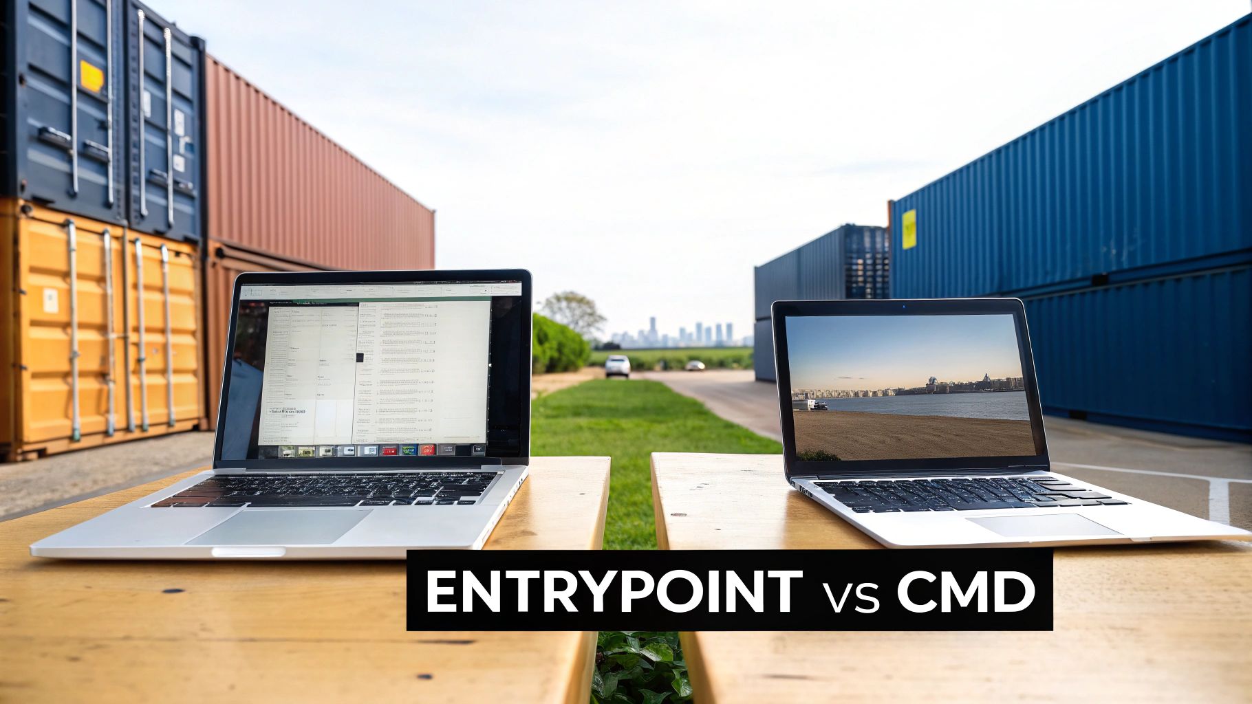 Two laptops on a wooden table outdoors, surrounded by shipping containers, illustrating Docker ENTRYPOINT vs CMD.
