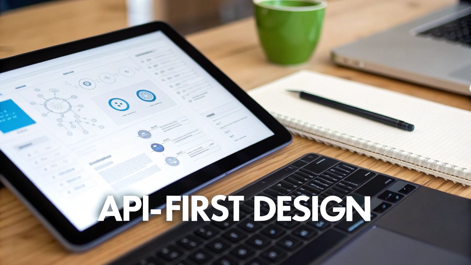 A workspace with a tablet displaying software design, a keyboard, laptop, and a green cup, with text 'API-FIRST DESIGN'.