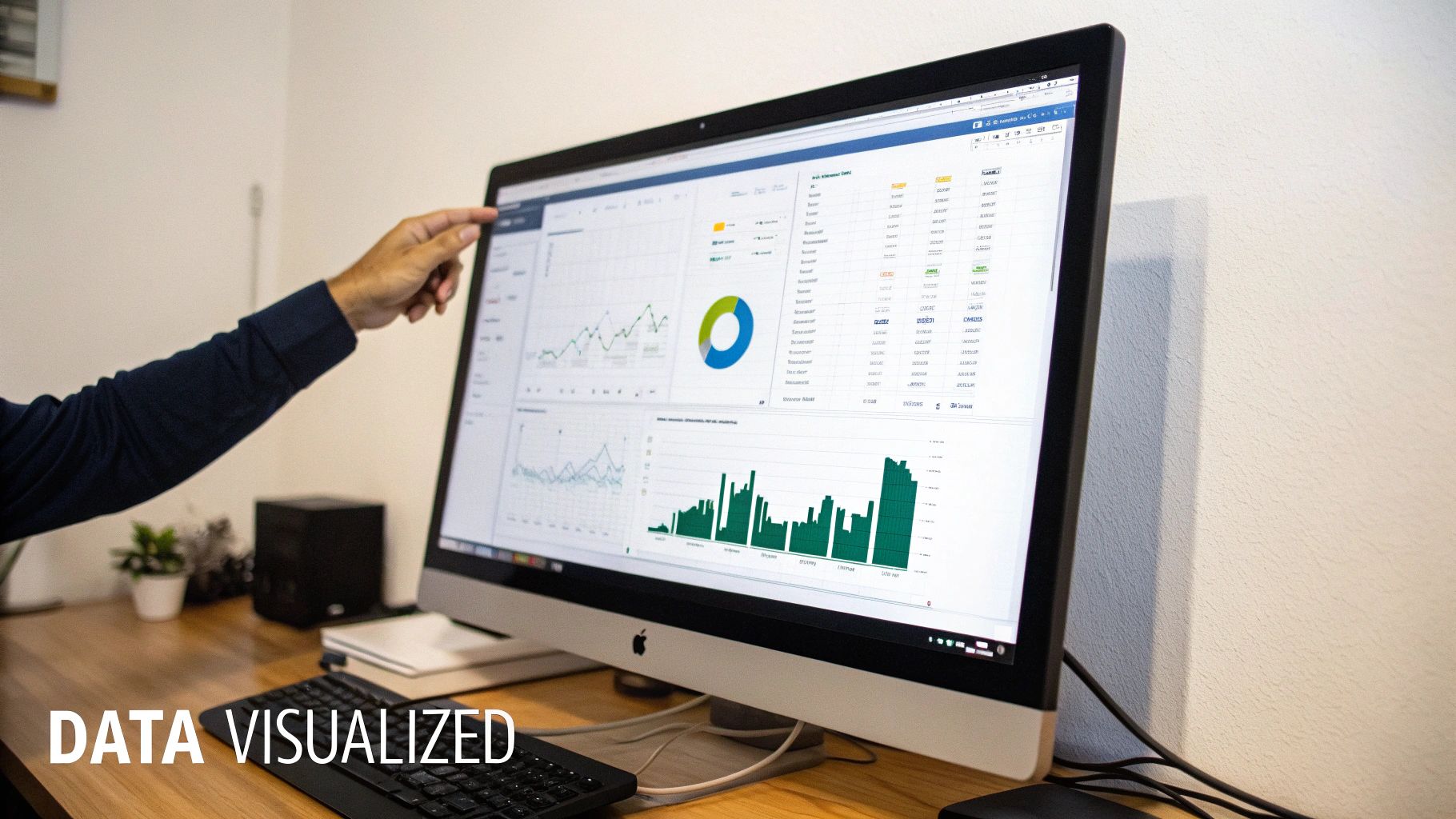 A person's hand points at a computer screen displaying a data visualization dashboard with various charts and graphs.