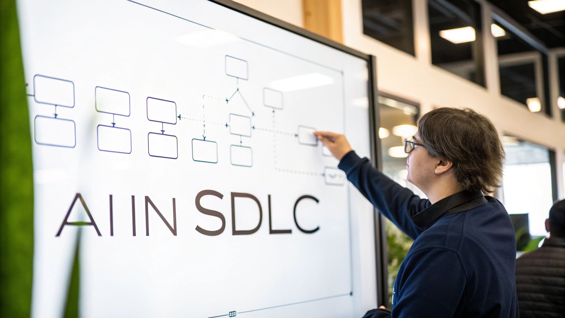 A person explains a flowchart diagram about AI in SDLC on a large interactive screen.