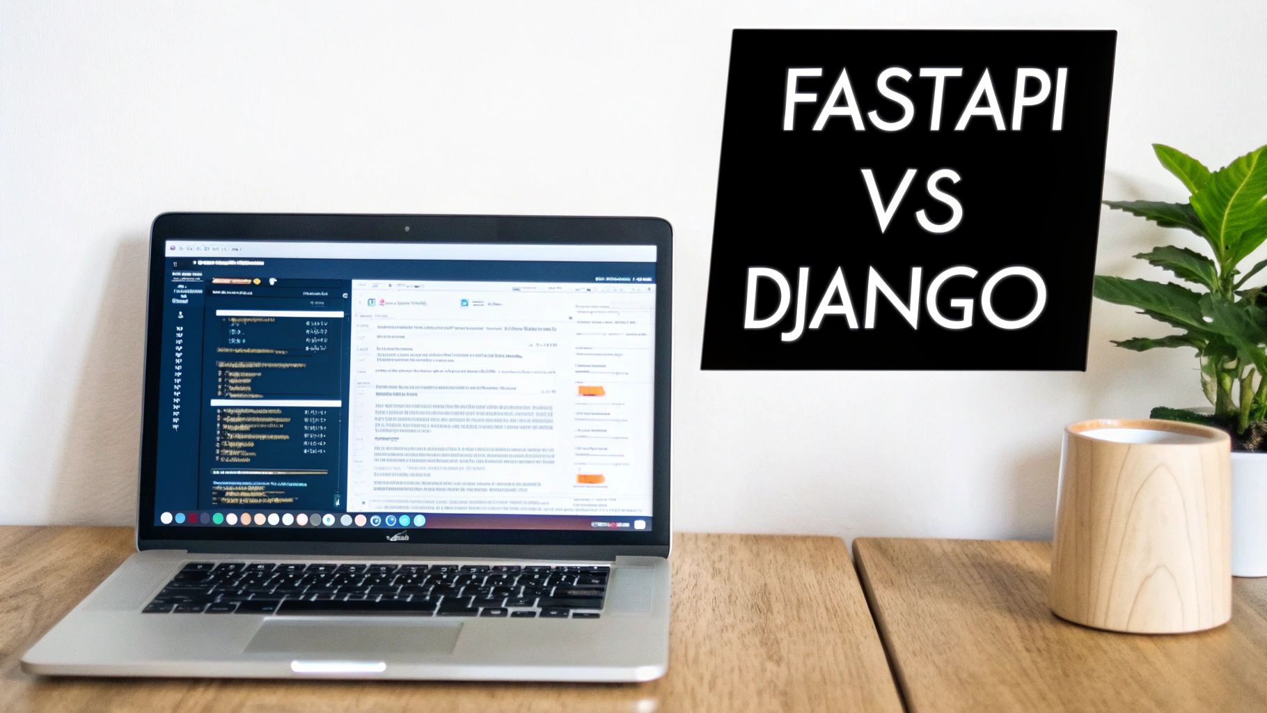 A laptop on a wooden desk with a plant, featuring a 'FastAPI vs Django' comparison sign.
