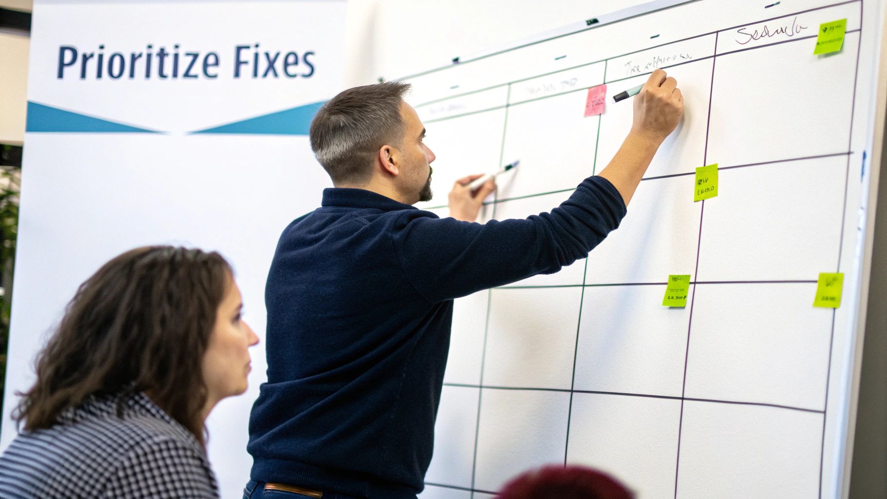 A man writes on a whiteboard during a meeting, prioritizing fixes with a woman observing.