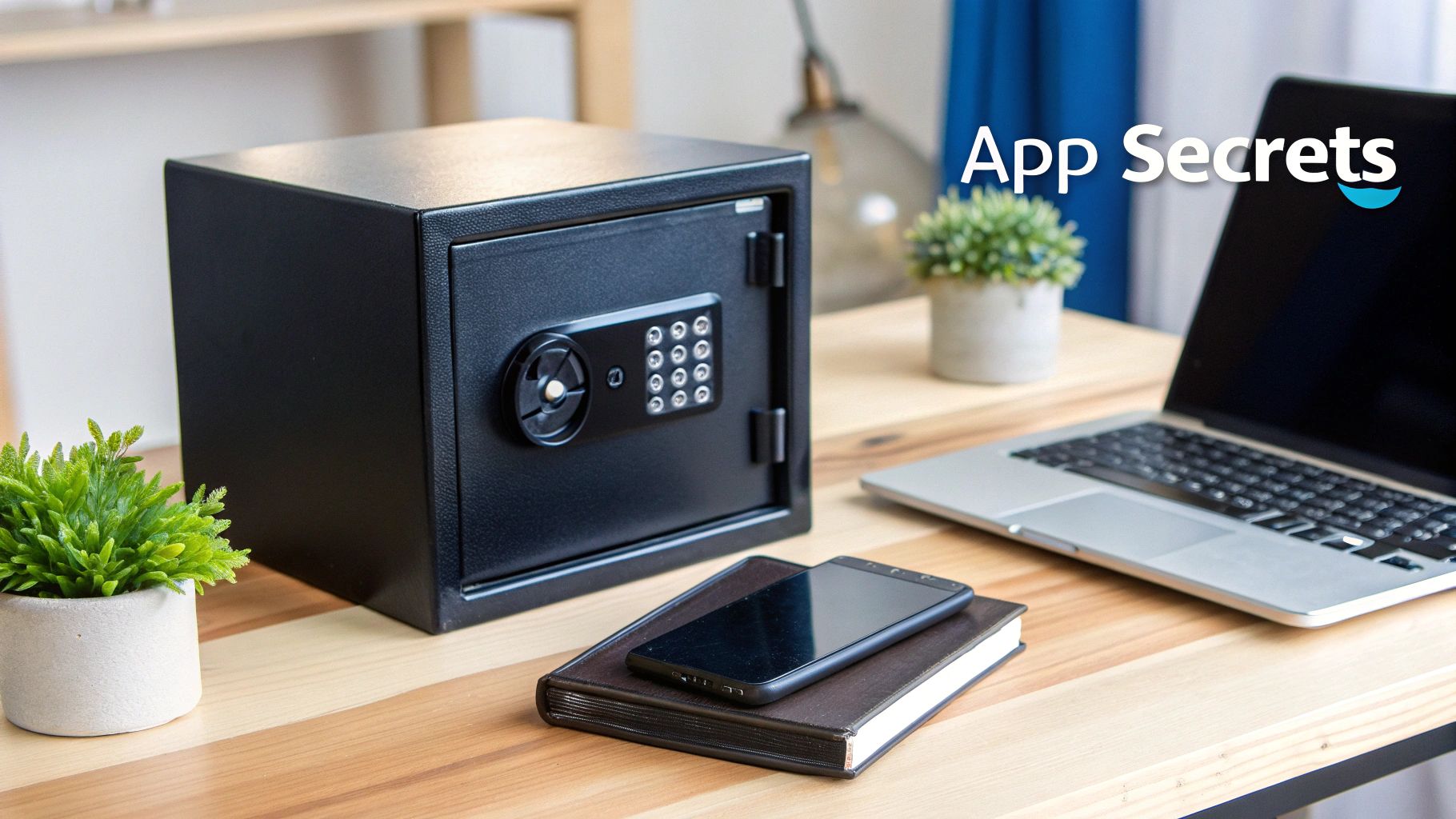 A black digital safe, smartphone, laptop, and potted plants on a wooden desk.