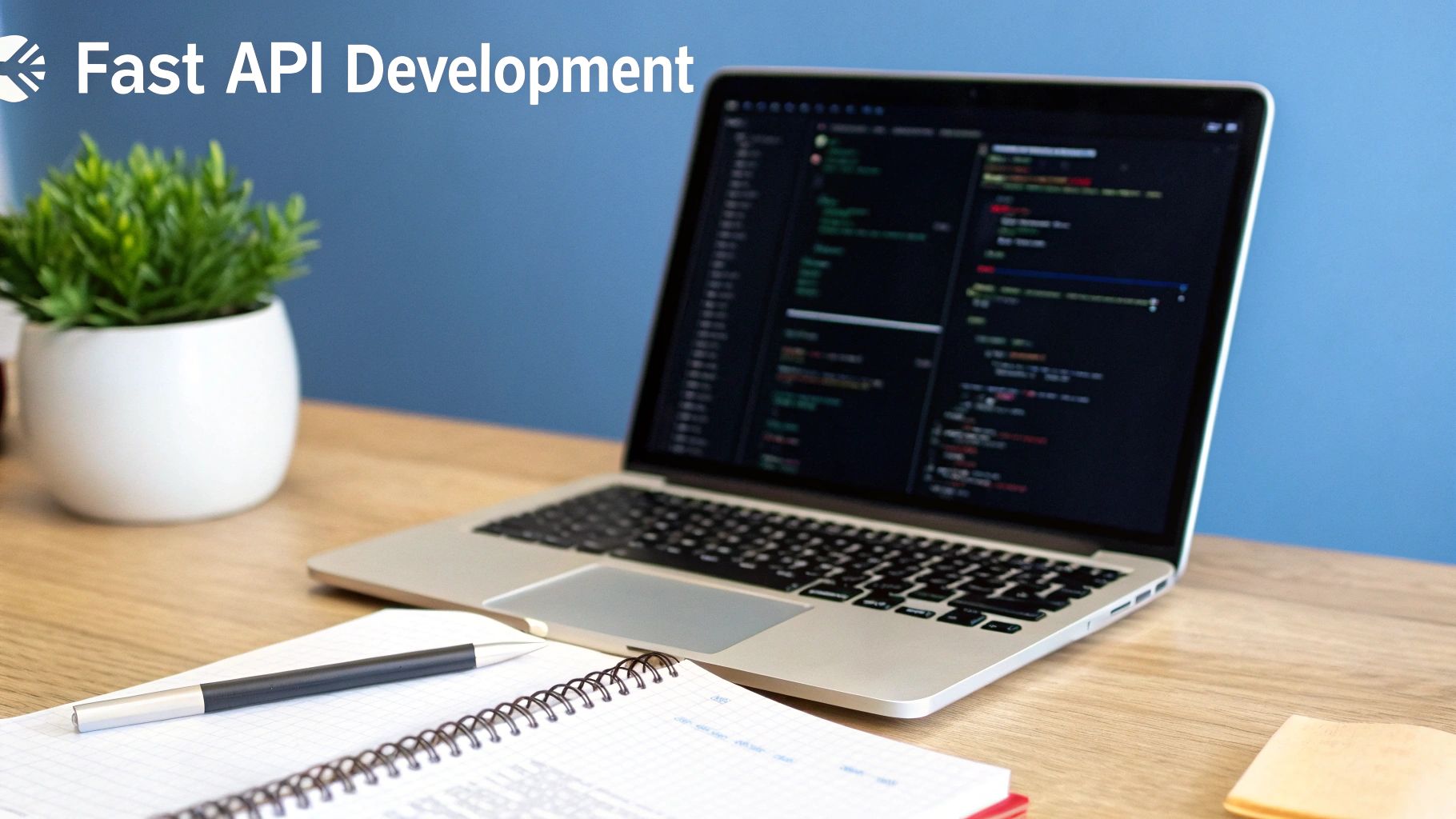 A laptop showing code, a plant, notebook, and pen on a wooden desk. Text reads 'Fast API Development'.