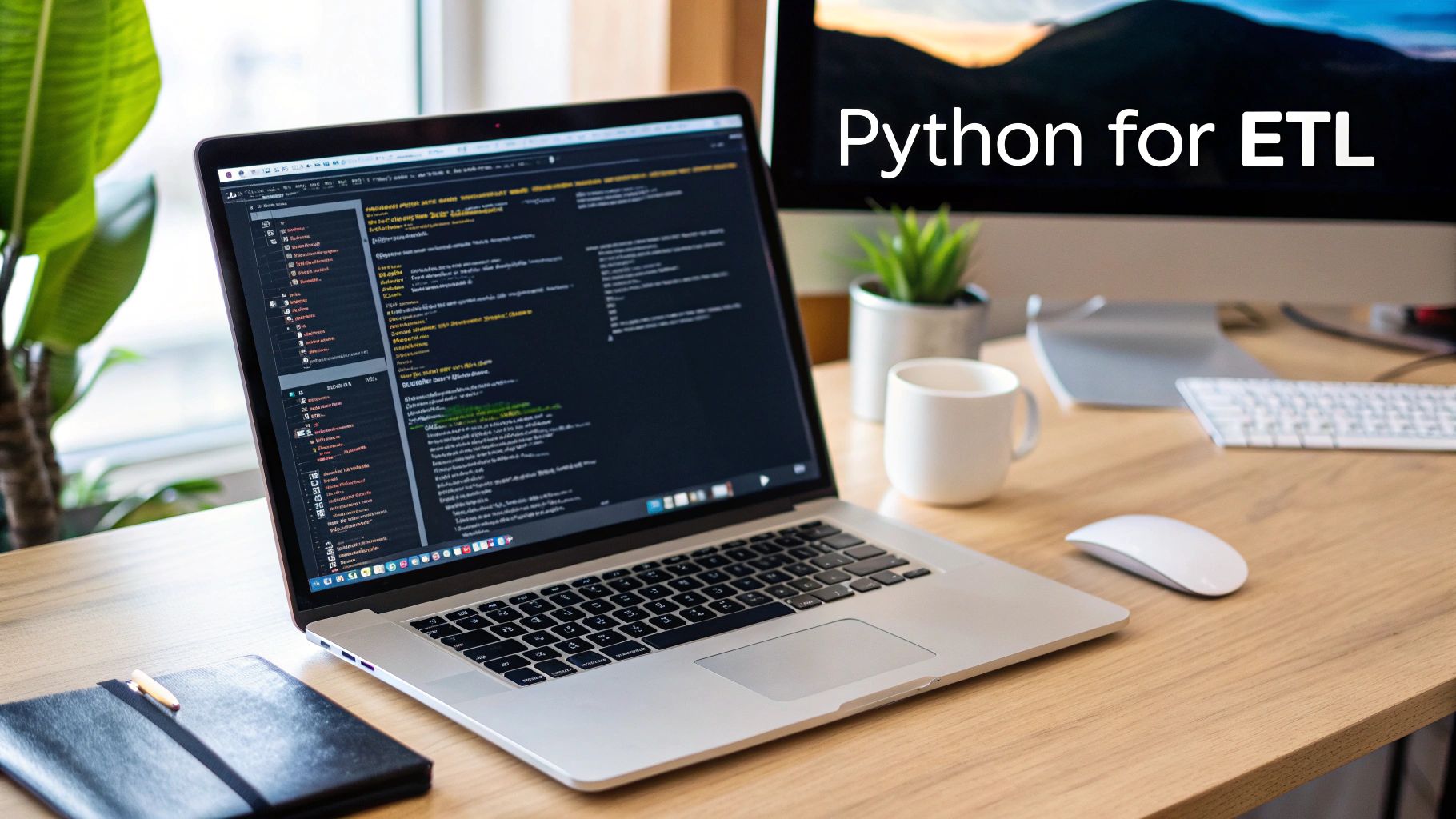 A desk setup with a laptop displaying code and a monitor showing 'Python for ETL'.
