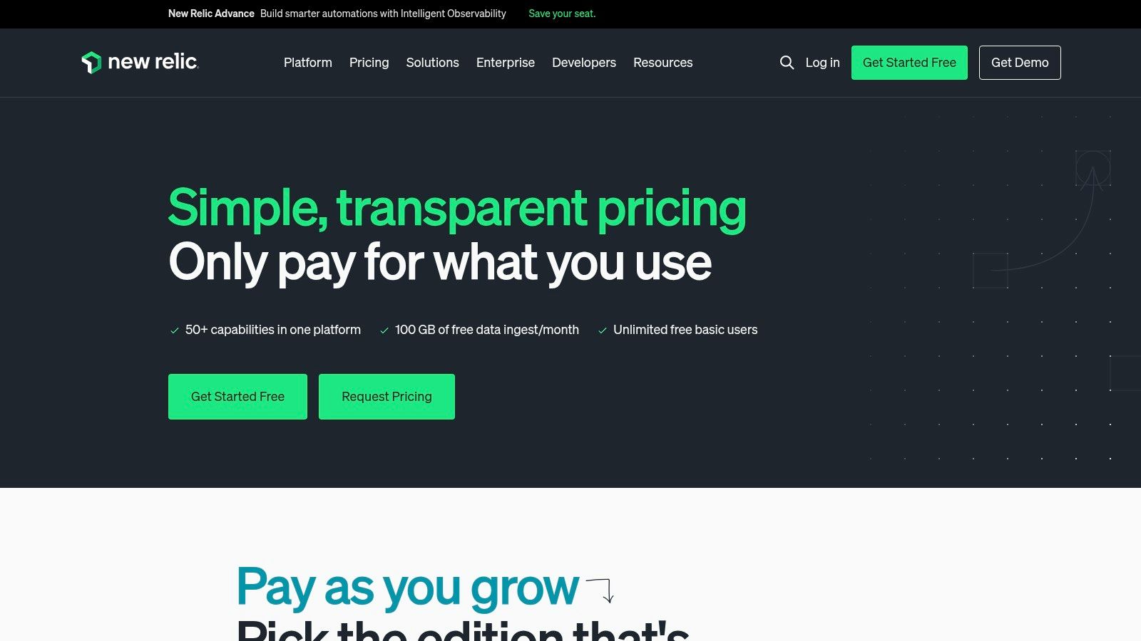 New Relic's pricing page showing a free tier and usage-based pricing for its observability platform.