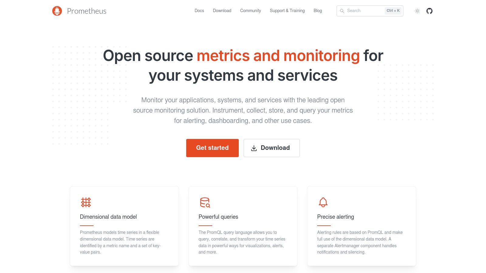 The Prometheus website homepage, showcasing its logo and key features like monitoring, alerting, and integrations.