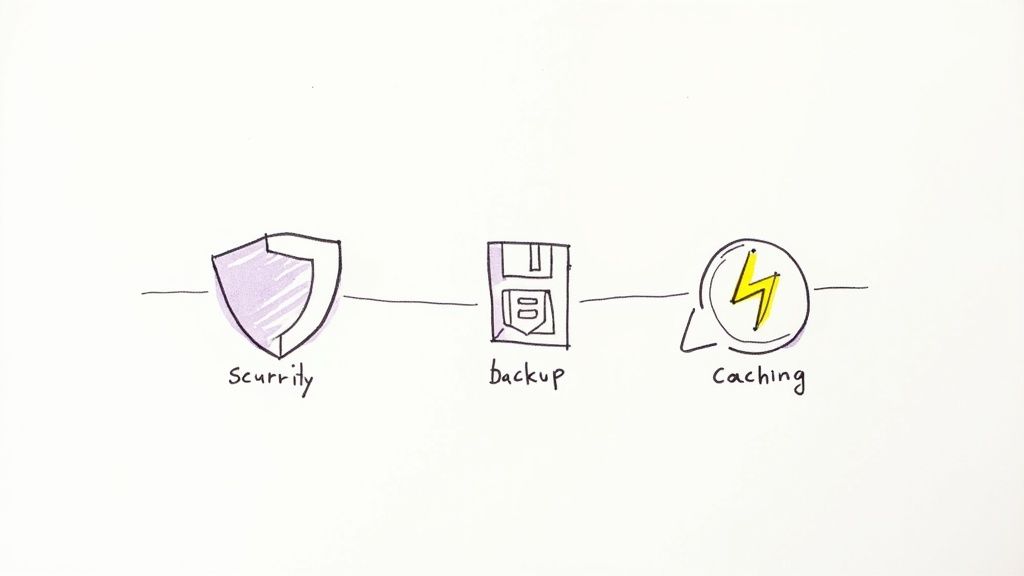 A digital checklist with items like security, speed, and support being ticked off, representing the essential features of a managed host.