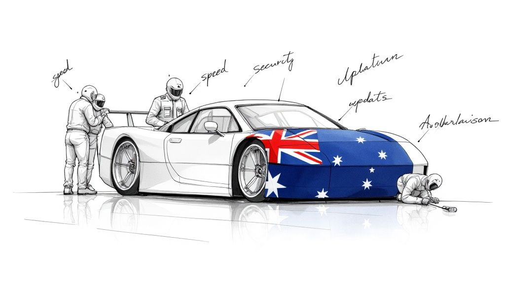 A person working on a laptop in a modern office, representing a focused Australian business owner.