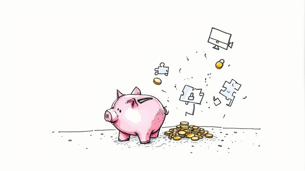 An image of a calculator, a piggy bank, and a small plant on a desk, symbolising the ongoing costs of website ownership.