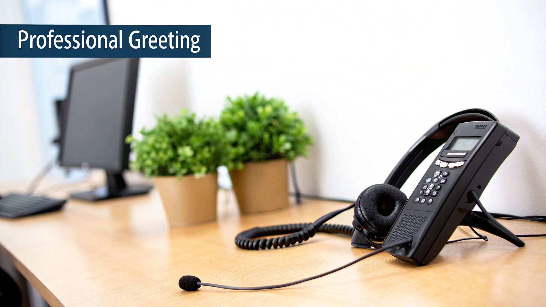 An attentive professional woman wearing a headset and smiling while talking on the phone in a modern office.