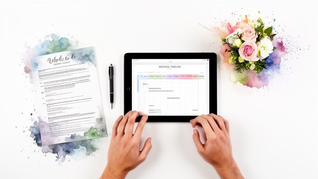 Overhead of hands using a tablet with a wedding timeline, next to a floral bouquet and to-do list.