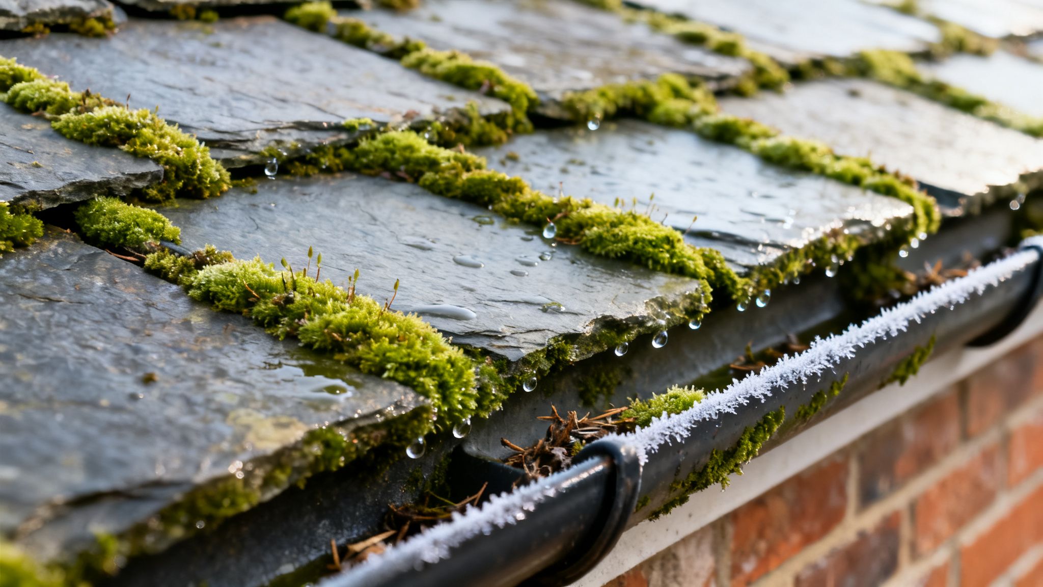 Water droplets fall from mossy slate roof tiles into a partially frozen gutter.