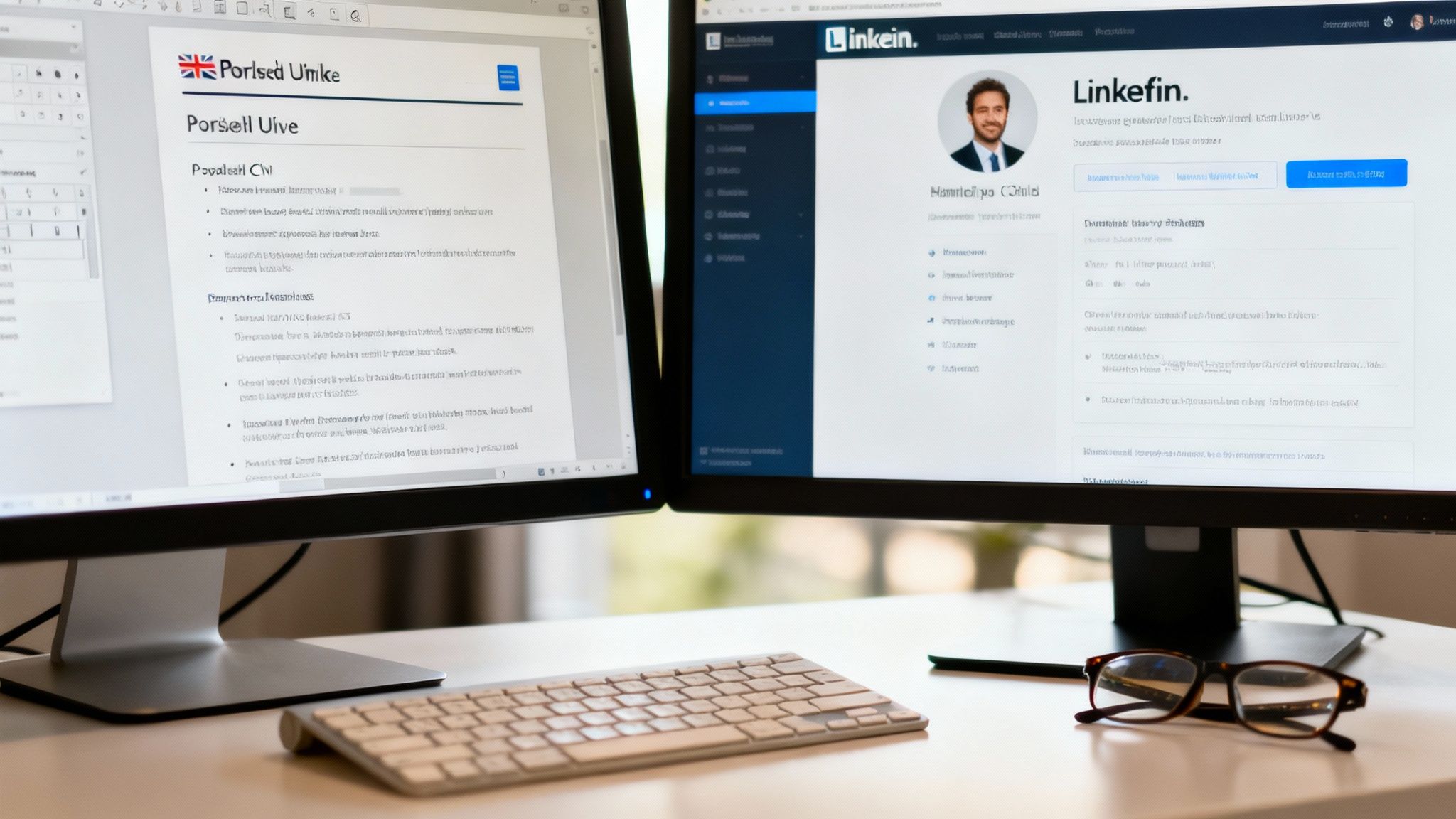 Two computer monitors on a modern desk display a document and a professional profile, with a keyboard and glasses.