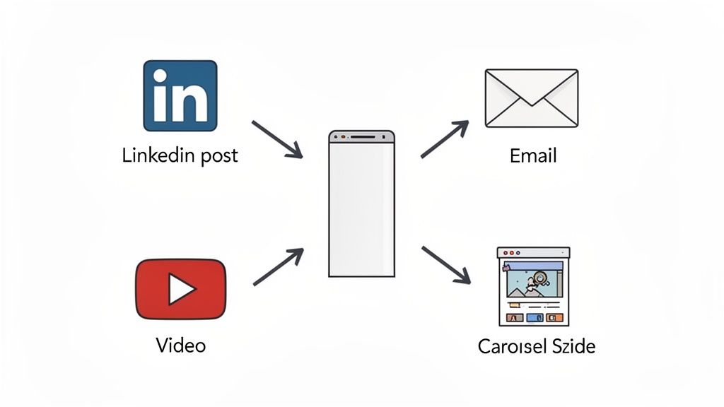 A diagram illustrates content channels: LinkedIn post, video, and carousel feed into a smartphone, which sends email.