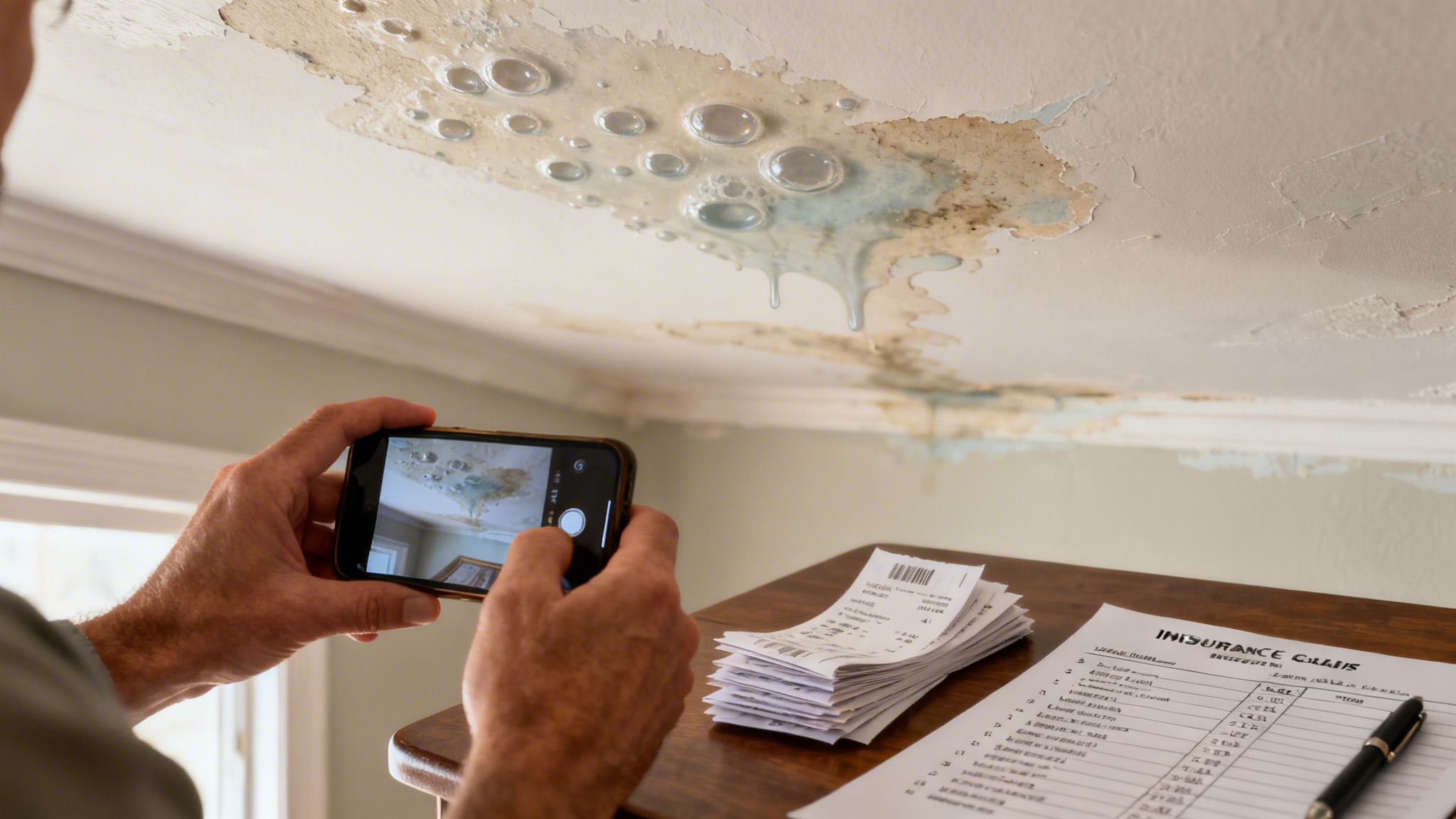 Person using a smartphone to photograph severe water damage on a ceiling with peeling paint and bubbles, near insurance claim documents.