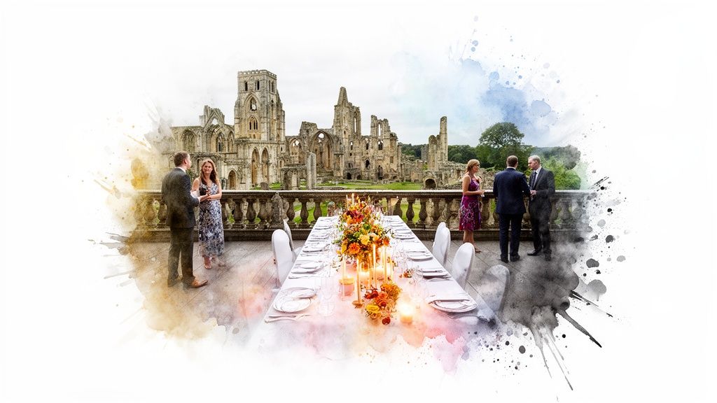 Elegant wedding reception on a balcony overlooking Fountains Abbey ruins with a beautifully decorated dining table.