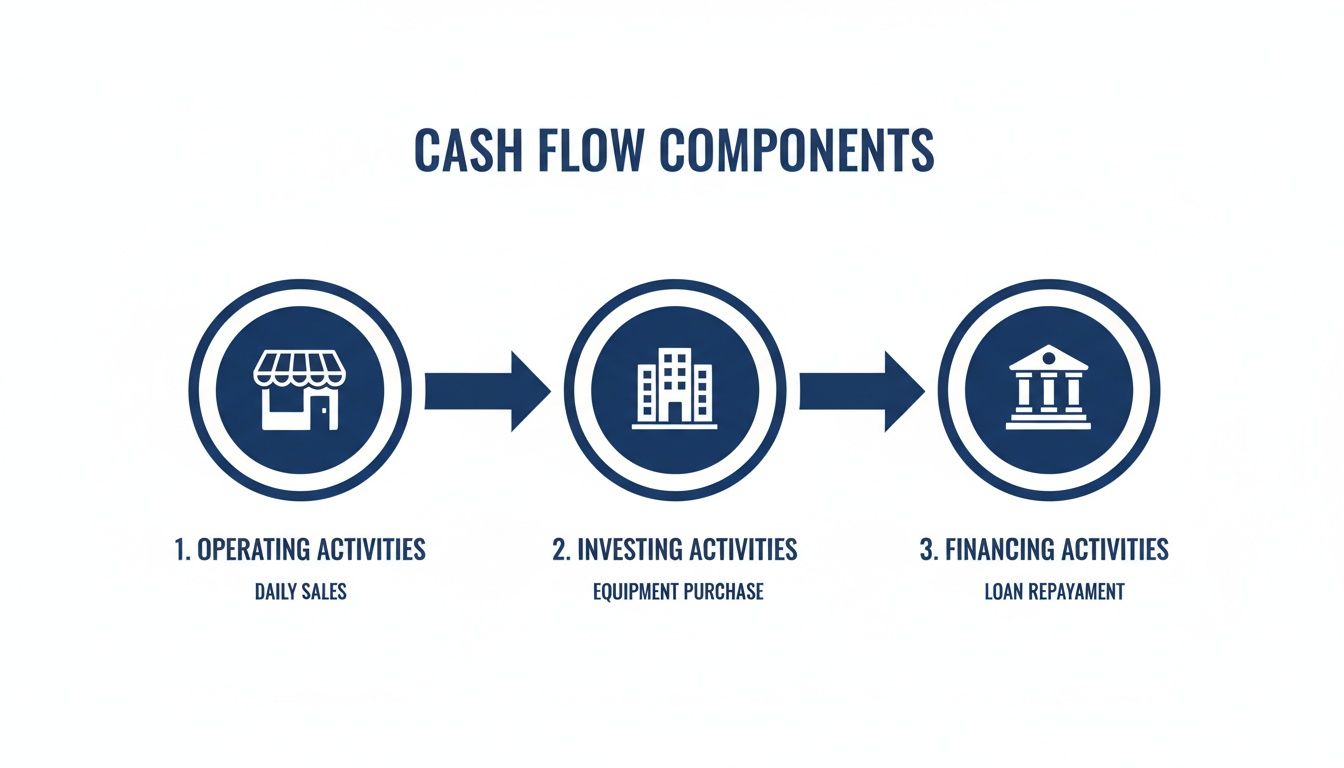 Diagram illustrating the three components of cash flow: operating, investing, and financing activities.