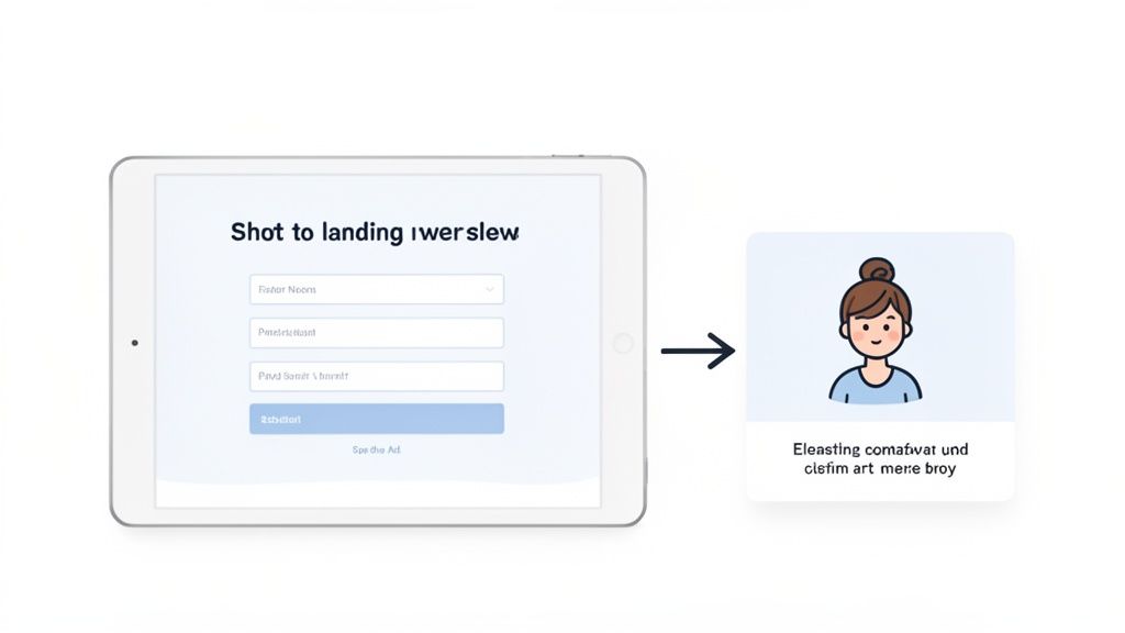 A tablet displays a lead generation form leading to a user profile avatar.