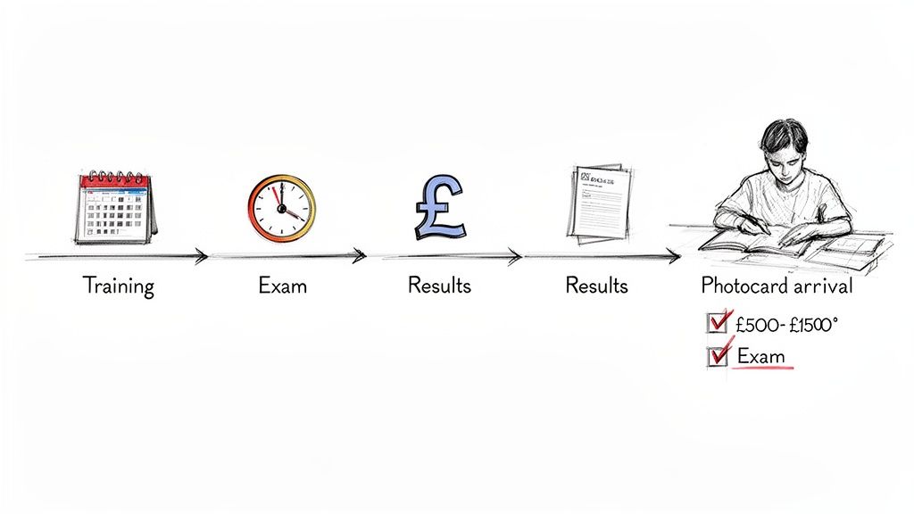 A flowchart illustrates the steps to obtain a photocard: training, exam, results, and associated costs.