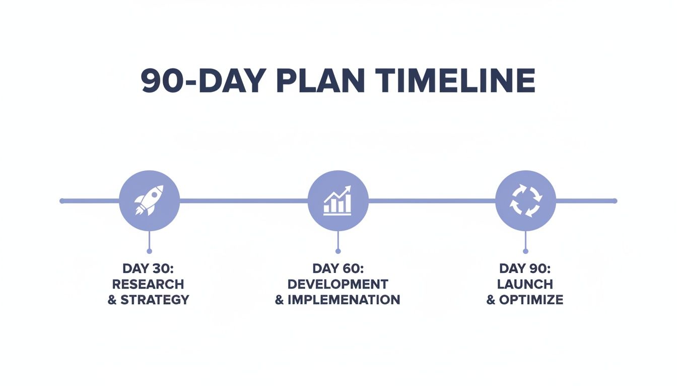 A 90-day plan timeline showing three phases: Research & Strategy, Development & Implementation, Launch & Optimize.