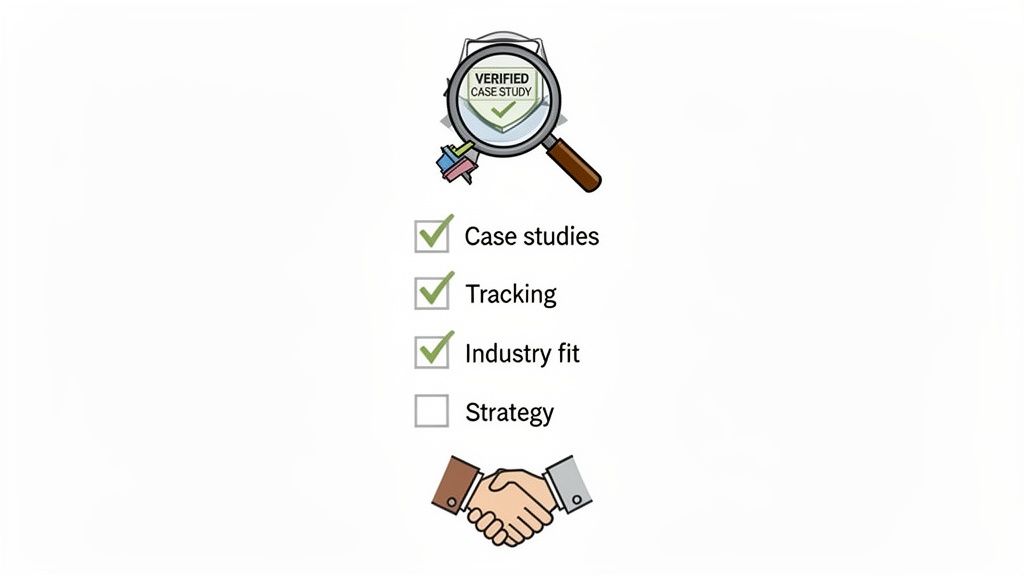 Magnifying glass verifies a case study, with a checklist for tracking, industry fit, and strategy, ending in a handshake.