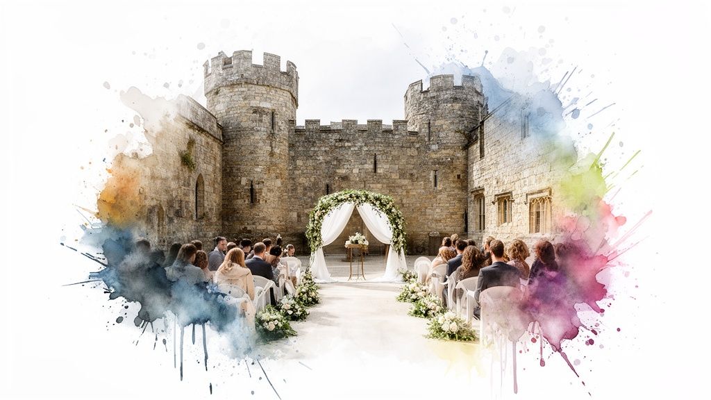 Outdoor wedding ceremony in a historic castle courtyard with guests and a beautiful floral arch.