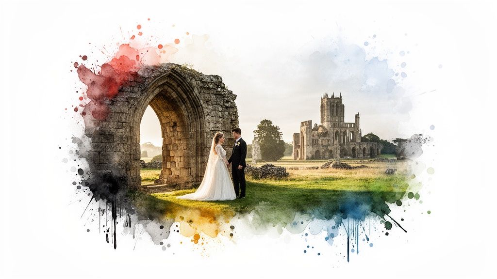 A bride and groom hold hands in front of ancient abbey ruins, enhanced with a watercolor effect.
