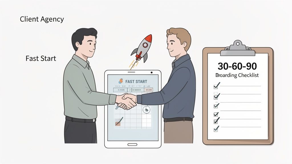 Two men shaking hands, symbolizing a client agency partnership and a fast start with a 30-60-90 onboarding checklist.