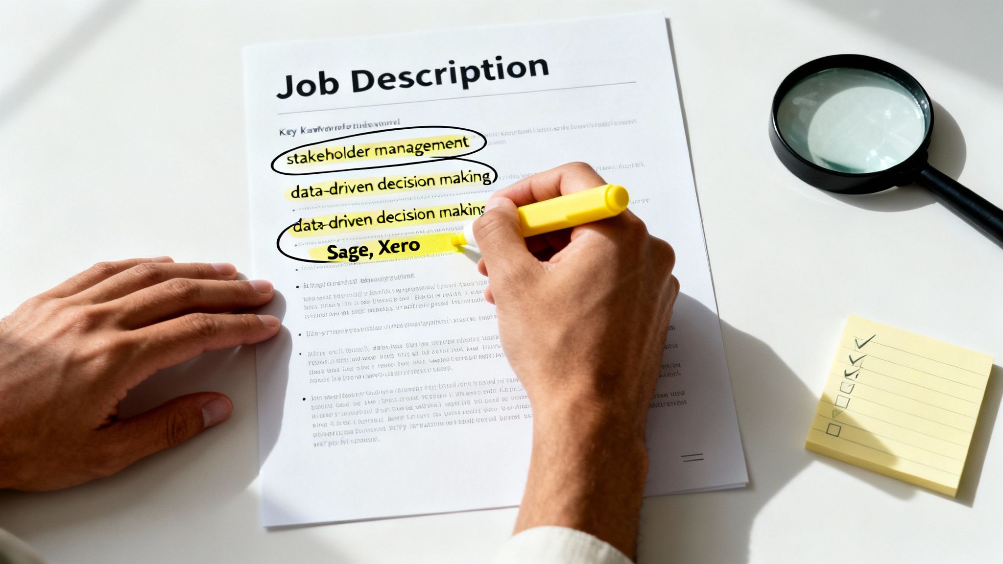 A hand highlights keywords like 'stakeholder management' on a job description with a yellow marker.