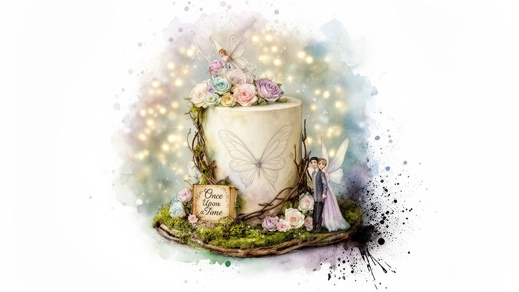 Enchanting wedding cake featuring a fairy couple, pastel roses, and a 'Once Upon a Time' sign.
