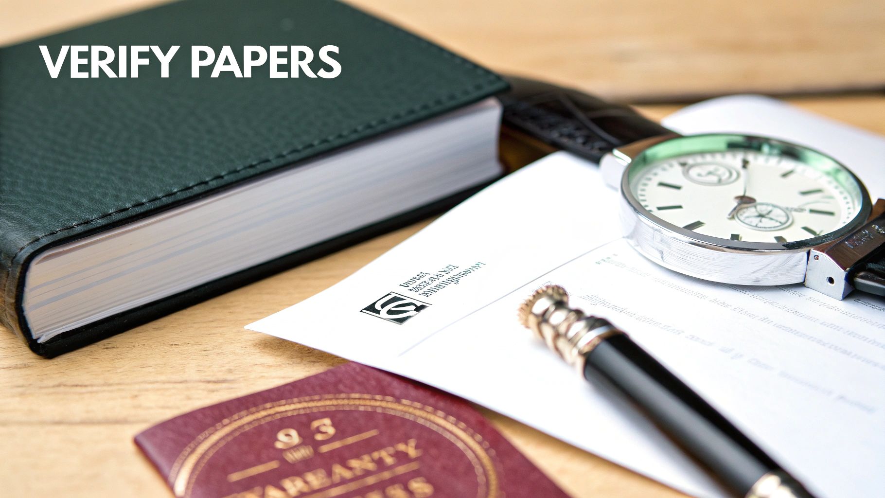 Close-up of a green book, watch, pen, and documents on a wooden desk, emphasizing verification.