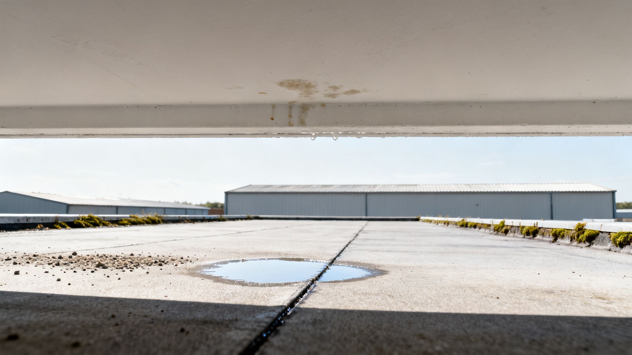 Water dripping from a stained overhead beam onto a wet flat industrial roof with puddles.