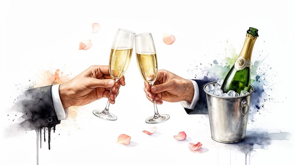 Watercolor illustration of hands toasting with champagne, a bottle in ice, and scattered rose petals.