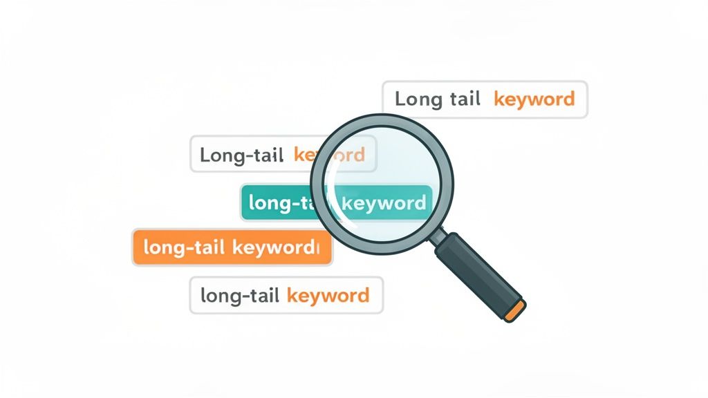 A magnifying glass highlights several long-tail keyword phrases, demonstrating SEO keyword research.