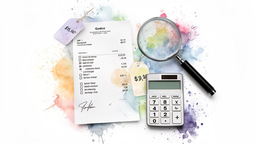 A receipt, calculator, and magnifying glass on a colorful watercolor background, symbolizing financial analysis.