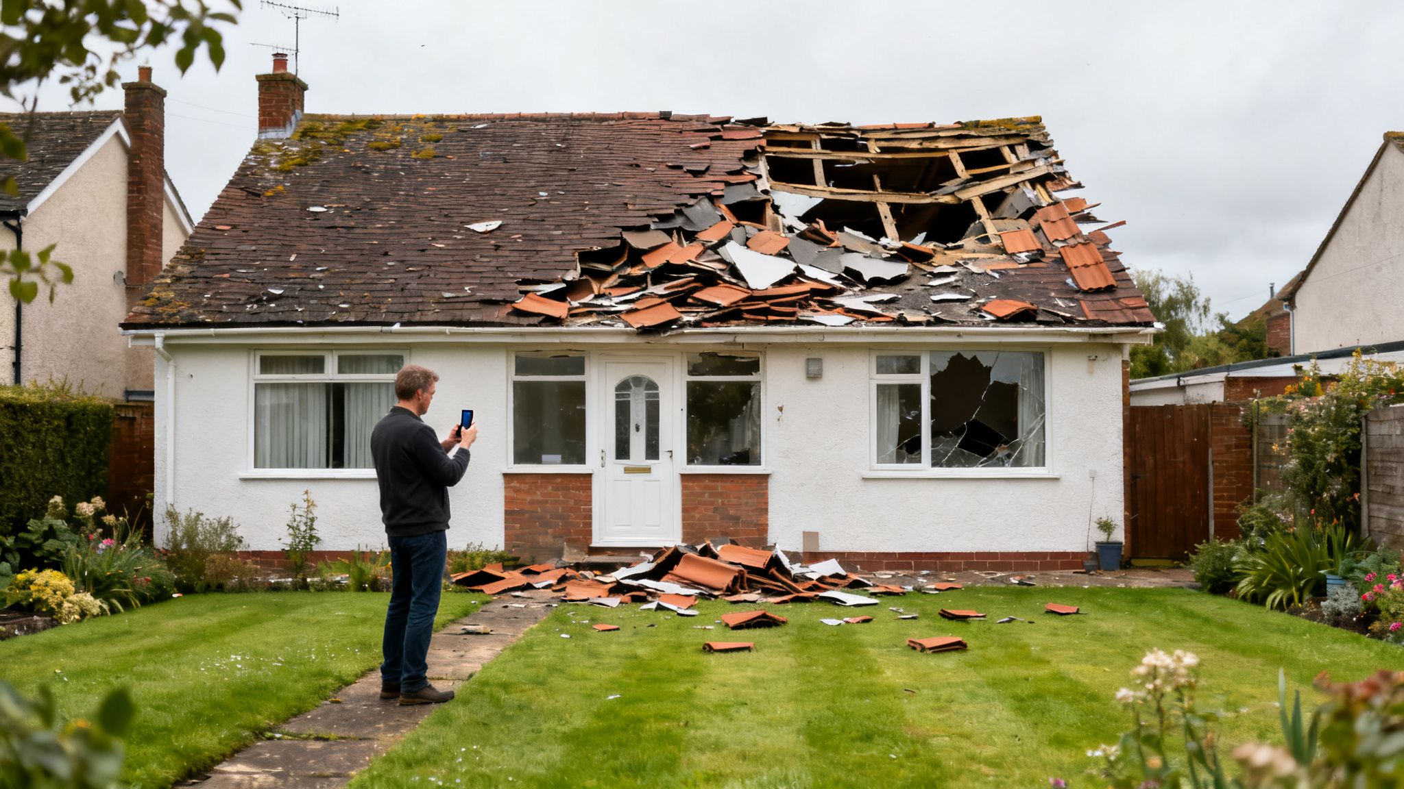 A man surveys his house with a severely damaged roof and broken windows after a storm.