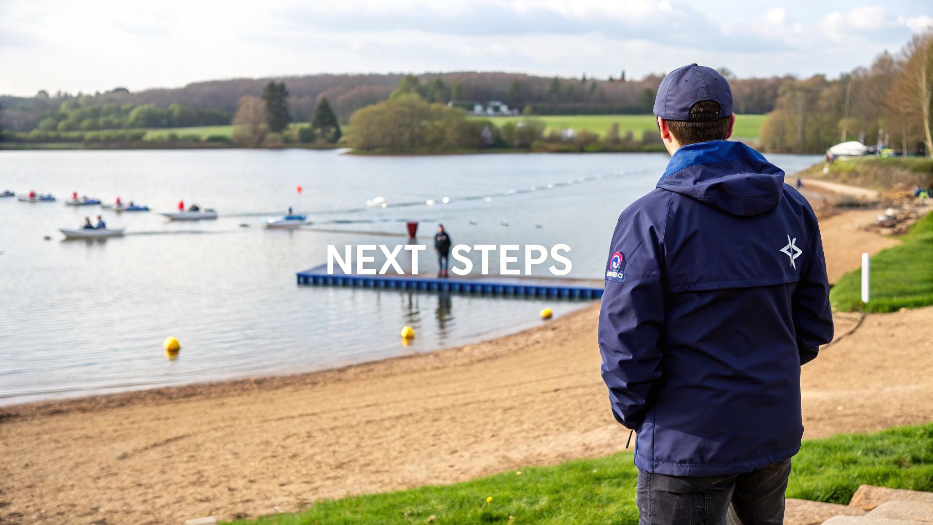 Person in a blue jacket and cap overlooks a lake with small powerboats and a floating dock.