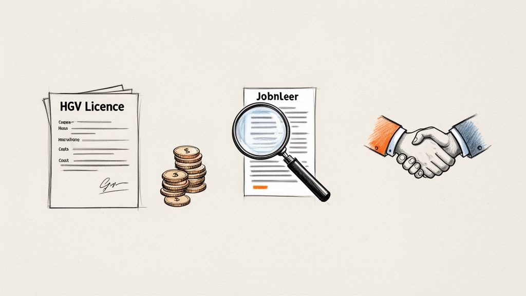 An illustration showing HGV licence document, money, a job search, and a professional handshake.