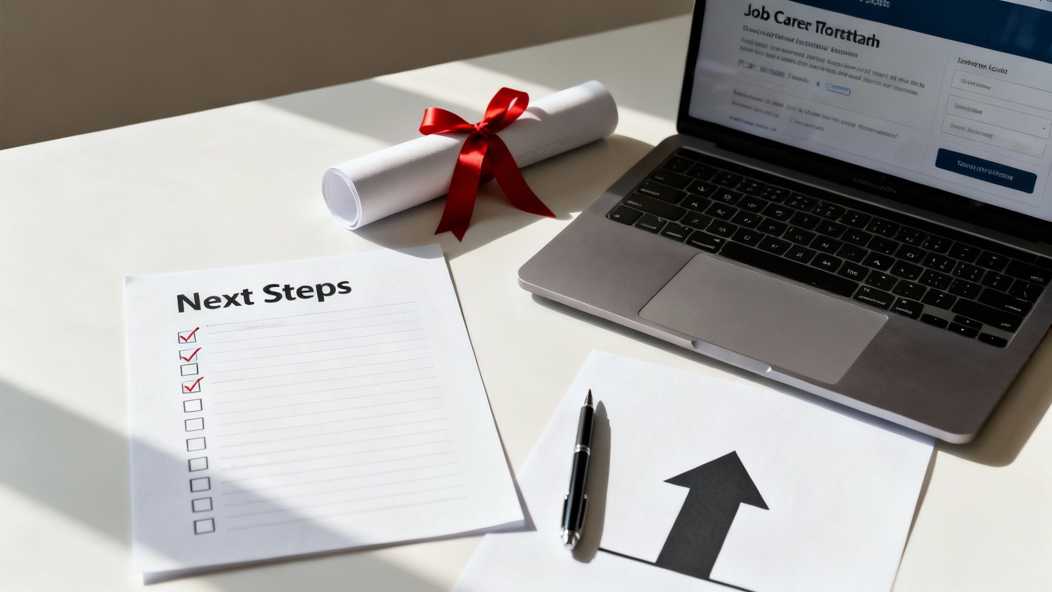 A diploma, laptop displaying a job application, and a 'Next Steps' checklist on a desk.
