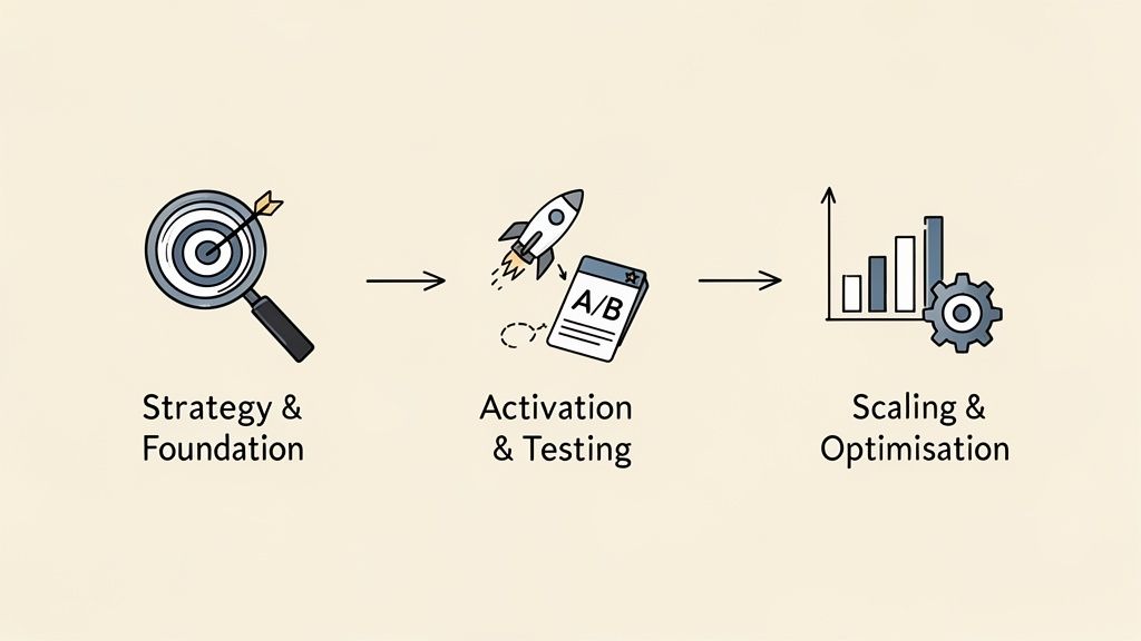 A three-step business process: strategy, activation and testing, and scaling and optimization.