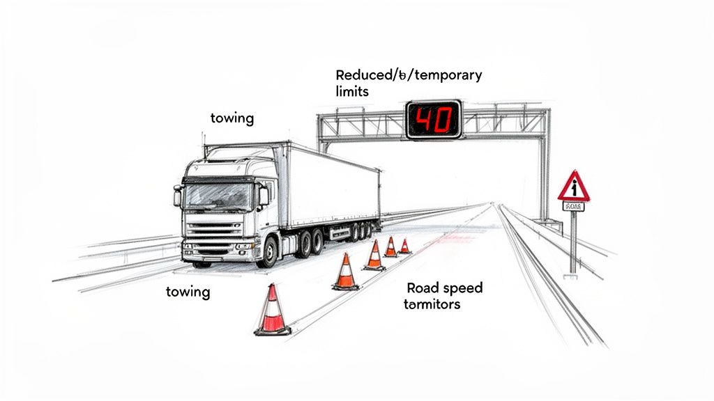 Sketch of a truck on a highway with road cones, a 40 mph temporary speed limit sign, and an information sign.