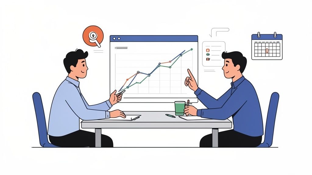 Two men analyze a digital marketing graph on a screen, discussing strategies in a meeting.