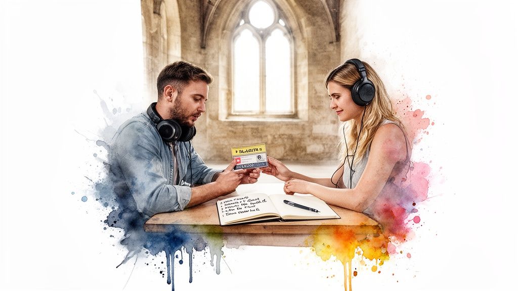 A man and a woman with headphones sharing a cassette tape and notebook, surrounded by watercolor splashes.