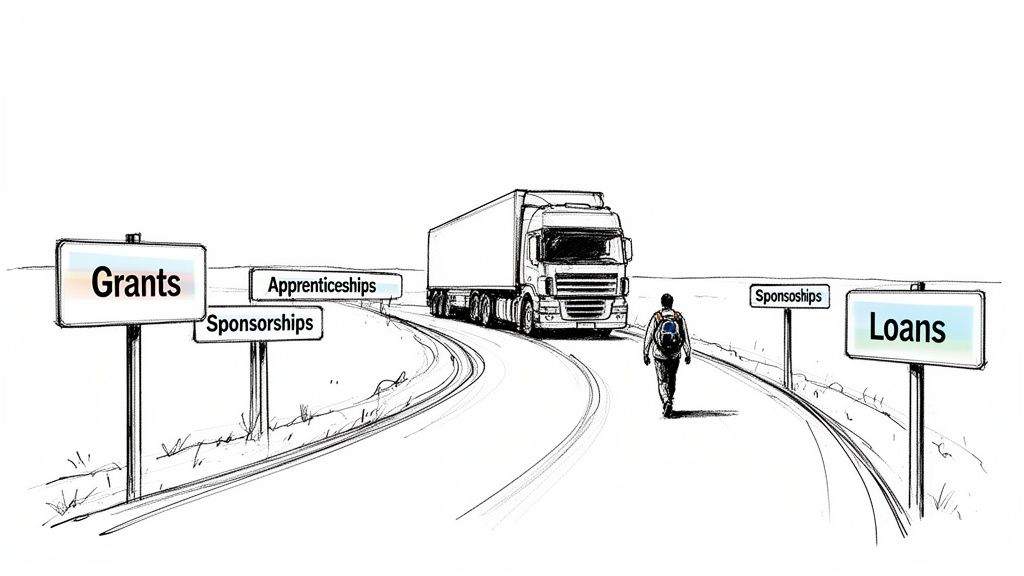 A person walks on a road towards a truck, with signs for Grants, Apprenticeships, Sponsorships, and Loans.