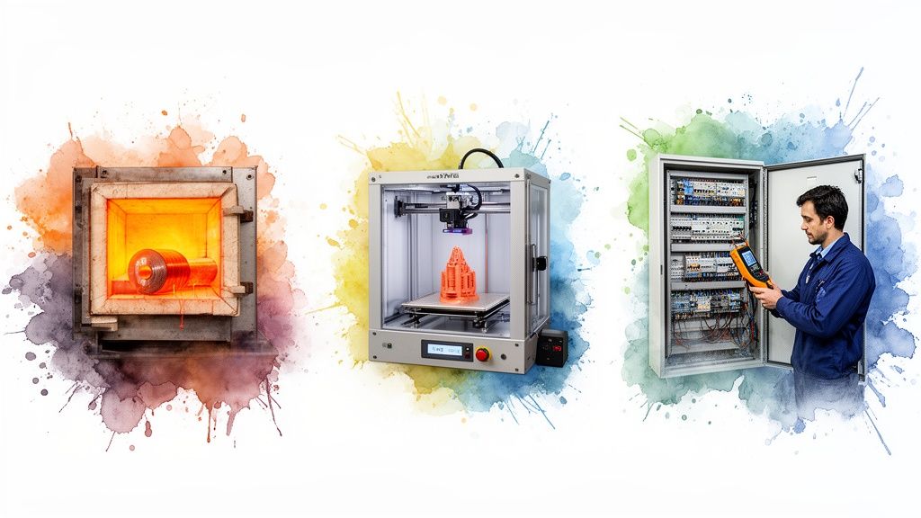 Three industrial scenes: a glowing furnace, a 3D printer, and a technician checking an electrical panel.