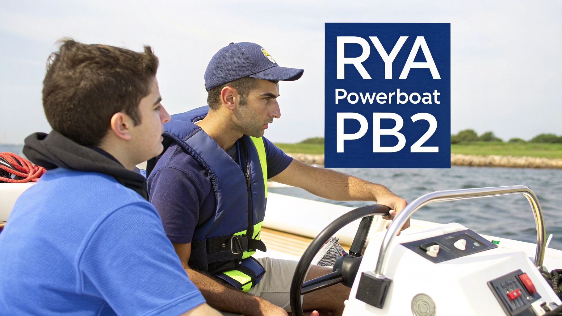 Two young men in life jackets on a powerboat, one steering, with RYA Powerboat PB2 text.