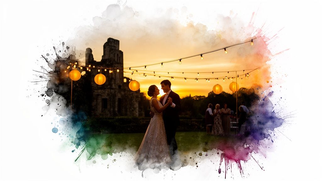 A newlywed couple dances at their small outdoor wedding reception under string lights and sunset sky.