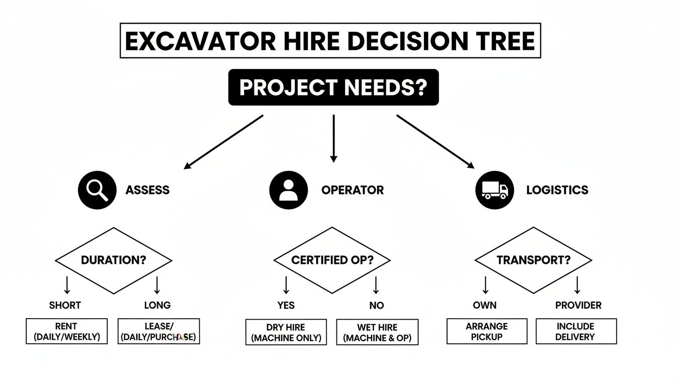 Flowchart illustrating excavator hire decision process based on project duration, operator needs, and logistics.