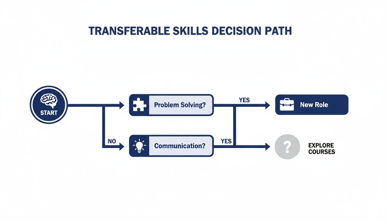 Decision path flowchart illustrating transferable skills like problem-solving and communication for career advancement.